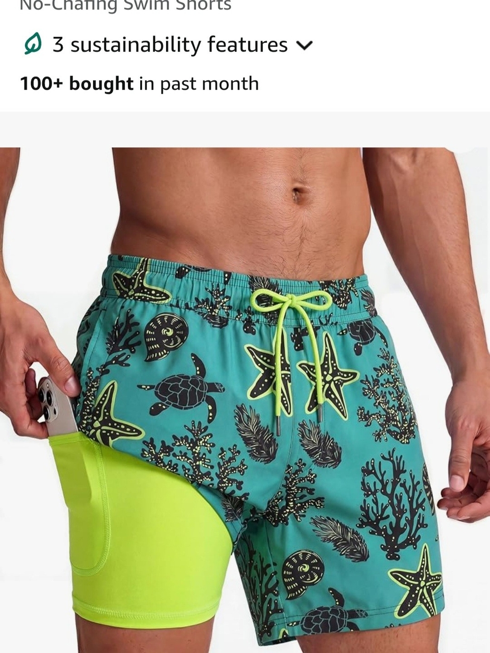 Men's Teal & Neon Green Reef-Print Swim Hybrids Size MEDIUM